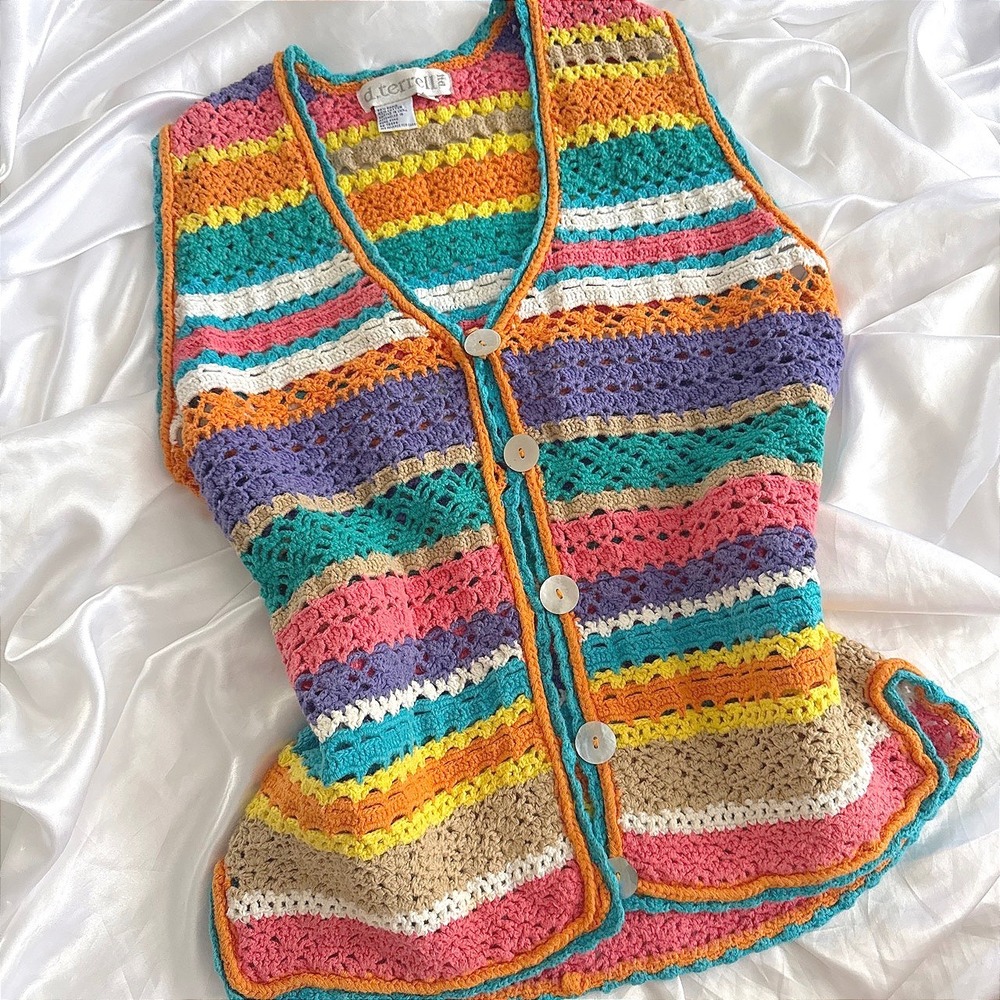 D.Terrell Vintage Crochet Striped Sweater Vest Multi-Color Boho Ramie Cotton S